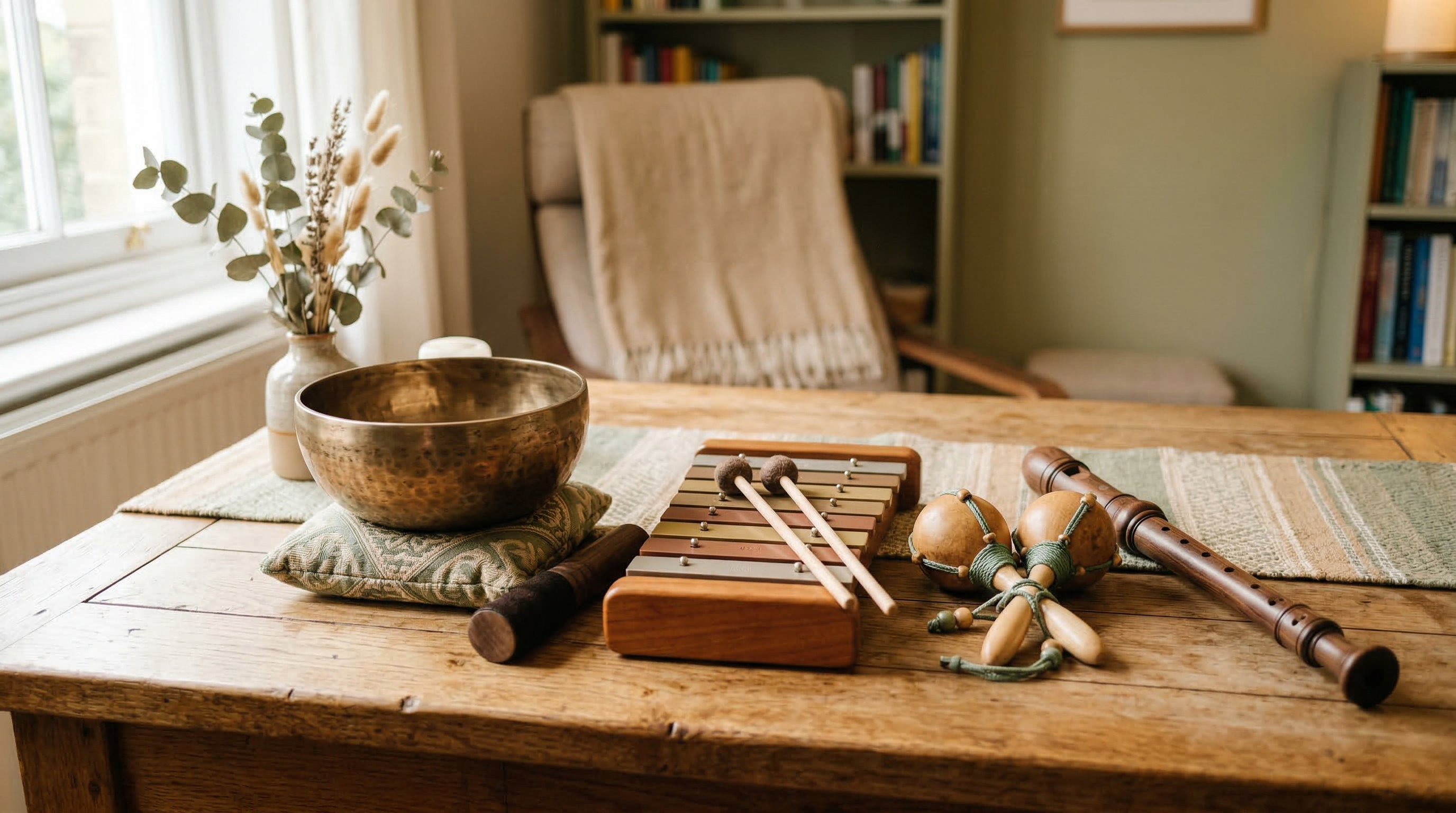 Instruments de musicothérapie disposés sur une table en bois : tambour chamanique, bol tibétain, xylophone